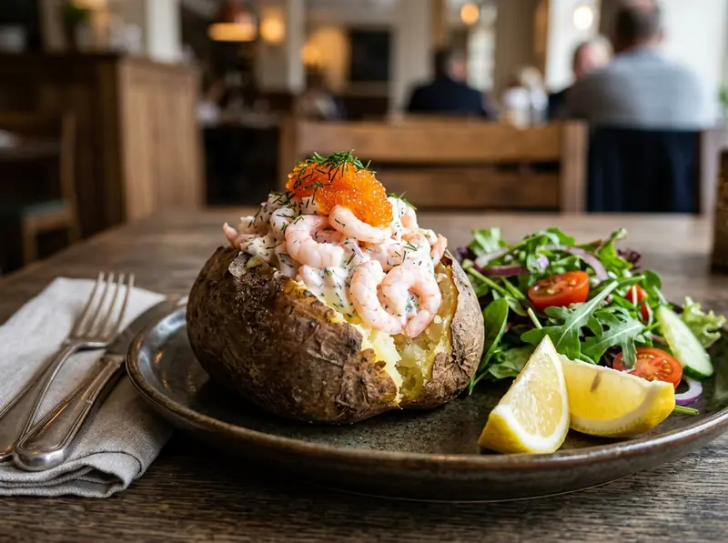 Bakad potatis med räksallad – The Father Sportbar & Restaurang, Årjäng